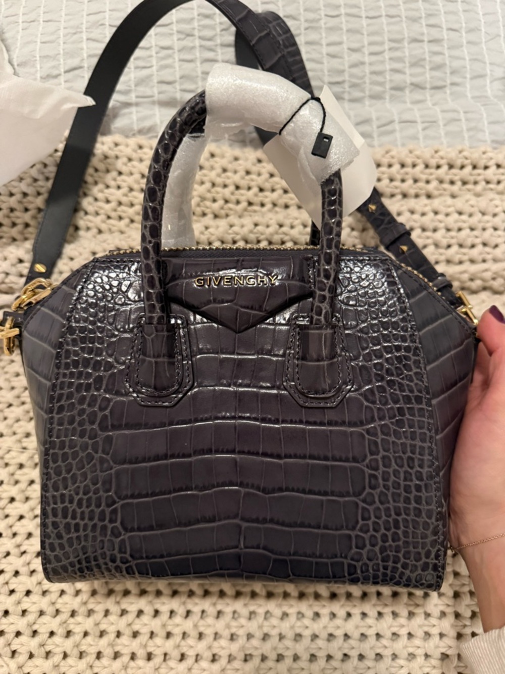 Givenchy Croc-Embossed Mini Satchel in Charcoal Gray with Gold Hardware